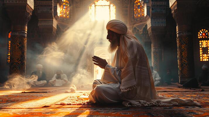 man performing traditional prayers interior of a decorated room photo